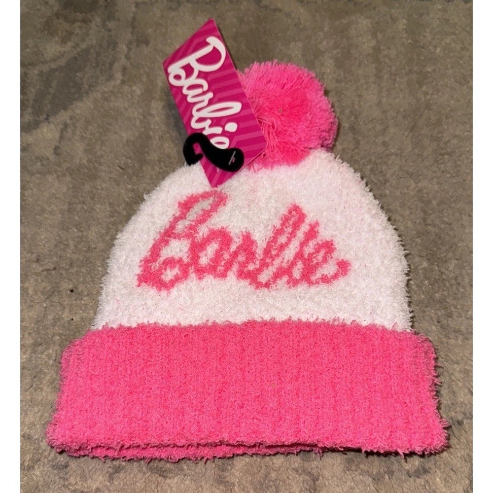 Mattel New‎ Barbie Fuzzy Pink And White Logo Beanie Hat Youth Girls One Size